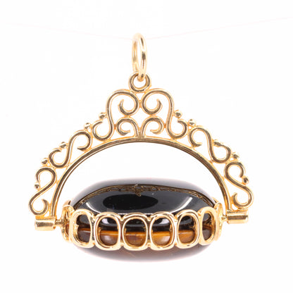 Vintage 9ct Hallmarked Yellow Gold Onyx Tiger Eye Spinner Pendant Fob Charm Gift