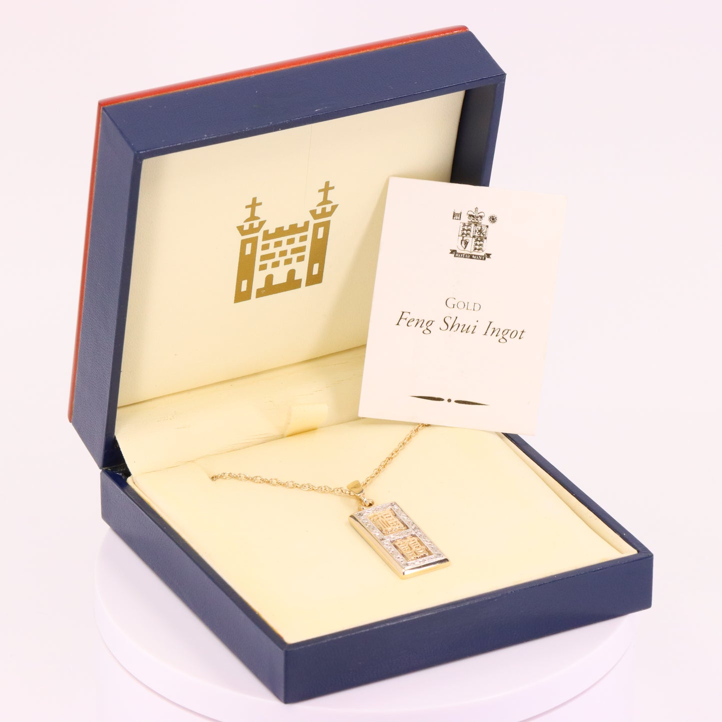 Vintage 9ct Hallmarked Gold Royal Mint Feng Shui Ingot Diamond Pendant Necklace