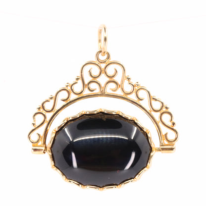 Vintage 9ct Hallmarked Yellow Gold Onyx Tiger Eye Spinner Pendant Fob Charm Gift