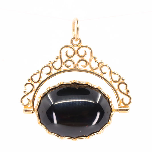 Vintage 9ct Hallmarked Yellow Gold Onyx Tiger Eye Spinner Pendant Fob Charm Gift