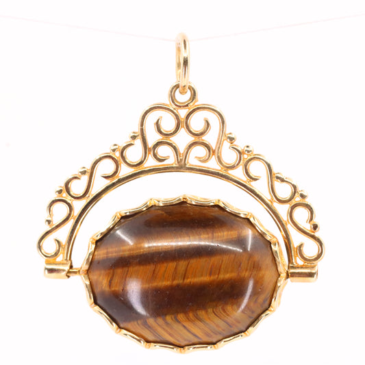Vintage 9ct Hallmarked Yellow Gold Onyx Tiger Eye Spinner Pendant Fob Charm Gift