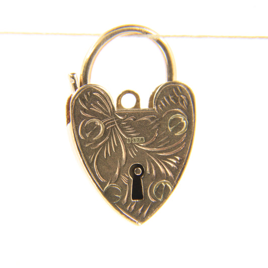 Vintage 9ct Yellow Gold Hallmarked Floral Heart Padlock Charm Pendant Love Gift