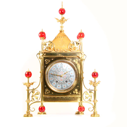 Antique Gothic Revival Gilt Brass Scottish Mantel Clock Circa 1870 By Bruce J. Talbert