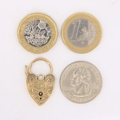 Vintage 9ct Yellow Gold Hallmarked Engraved Heart Padlock Charm Pendant