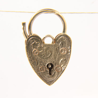 Vintage 9ct Yellow Gold Hallmarked Engraved Heart Padlock Charm Pendant