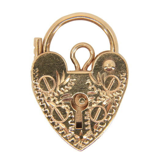 Vintage 9ct Yellow Gold Hallmarked Floral Engraved Heart Padlock Charm Pendant