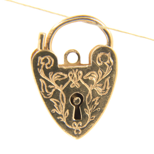 Vintage 9ct Yellow Gold Hallmarked Floral Heart Padlock Charm Pendant Love Gift