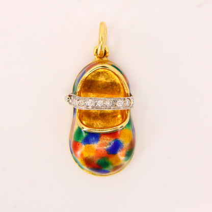 Vintage 18K Gold Baby Shoe Pendant – Diamond & Enamel Charm Gift