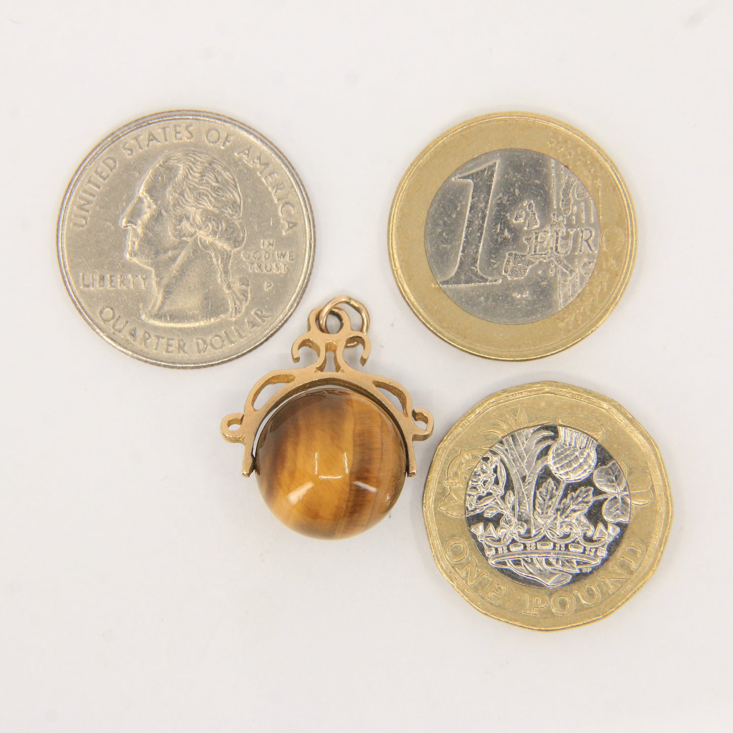 Vintage 9ct Hallmarked Gold Tiger’s Eye Spinner Charm Pendant Yellow Gold