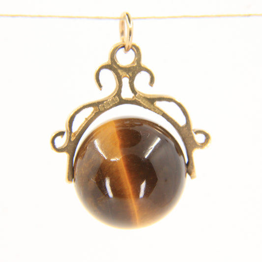 Vintage 9ct Hallmarked Gold Tiger’s Eye Spinner Charm Pendant Yellow Gold