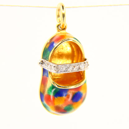 Vintage 18K Gold Baby Shoe Pendant – Diamond & Enamel Charm Gift
