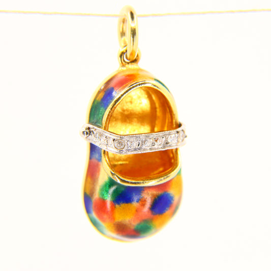 Vintage 18K Gold Baby Shoe Pendant – Diamond & Enamel Charm Gift