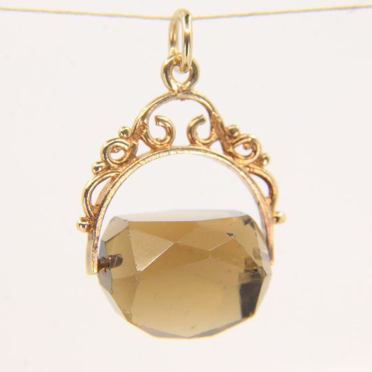 Vintage 9ct Hallmarked Gold Smokey Quartz Spinner Pendant Charm Yellow Gold
