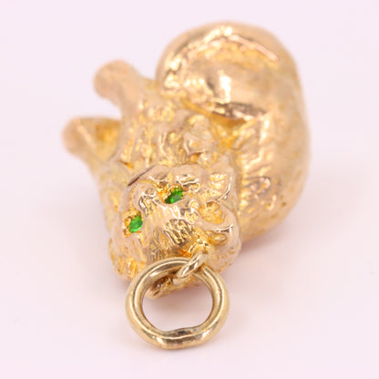Vintage 9ct Hallmarked Gold Green Eyed Cat Charm Pendant Feline Animal Gift