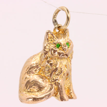 Vintage 9ct Hallmarked Gold Green Eyed Cat Charm Pendant Feline Animal Gift