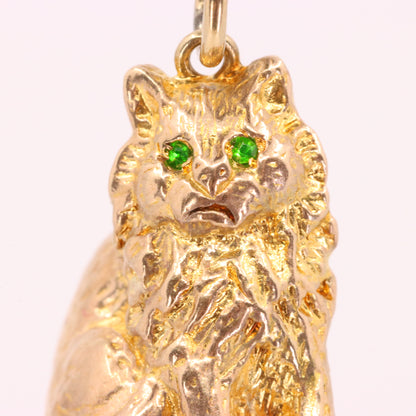 Vintage 9ct Hallmarked Gold Green Eyed Cat Charm Pendant Feline Animal Gift