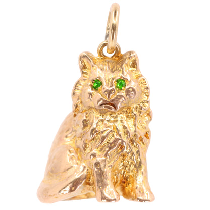 Vintage 9ct Hallmarked Gold Green Eyed Cat Charm Pendant Feline Animal Gift