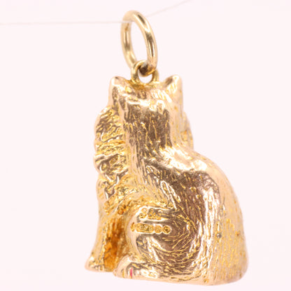 Vintage 9ct Hallmarked Gold Green Eyed Cat Charm Pendant Feline Animal Gift