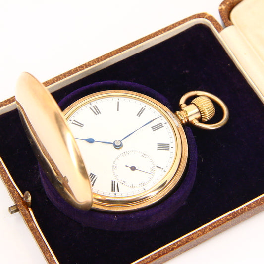 Antique Gold Plated Swiss Full Hunter Pocket Watch Keyless 50mm 15 Jewelled Boxed Running Gift