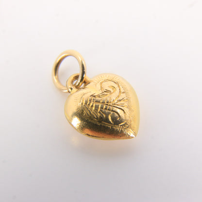 Vintage 9ct Yellow Gold Floral Engraved Heart Hollow Love Themed Charm Pendant
