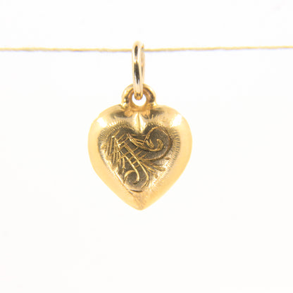 Vintage 9ct Yellow Gold Floral Engraved Heart Hollow Love Themed Charm Pendant