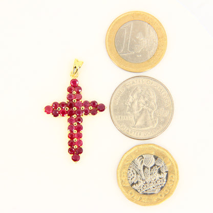 Vintage 18K Gold Cross Pendant Red Garnet Set Studded Cross Charm 18K Yellow Gold