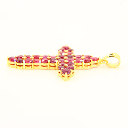 Vintage 18K Gold Cross Pendant Red Garnet Set Studded Cross Charm 18K Yellow Gold