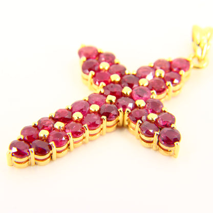 Vintage 18K Gold Cross Pendant Red Garnet Set Studded Cross Charm 18K Yellow Gold