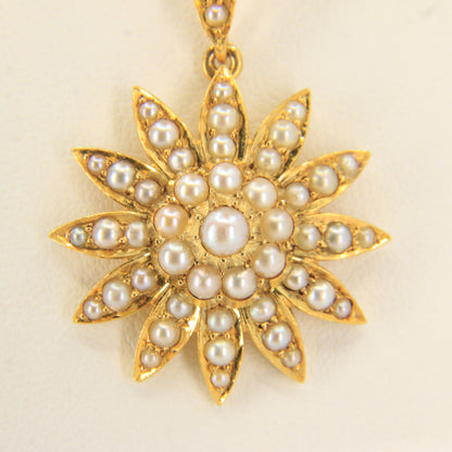 Antique 15ct Yellow Gold Seed Pearl Pendant Necklace With Earrings Jewellery Set