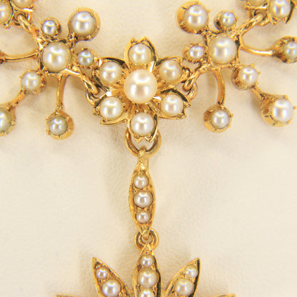 Antique 15ct Yellow Gold Seed Pearl Pendant Necklace With Earrings Jewellery Set