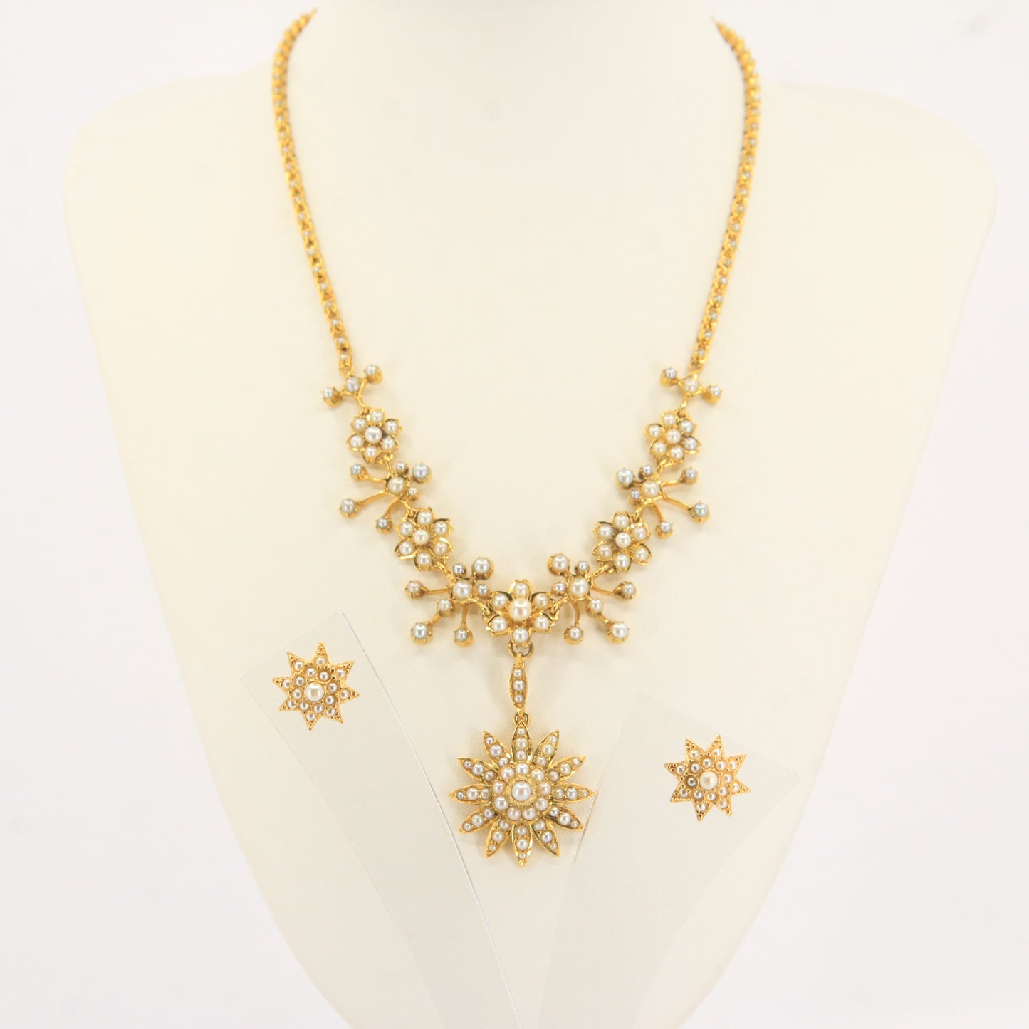 Antique 15ct Yellow Gold Seed Pearl Pendant Necklace With Earrings Jewellery Set