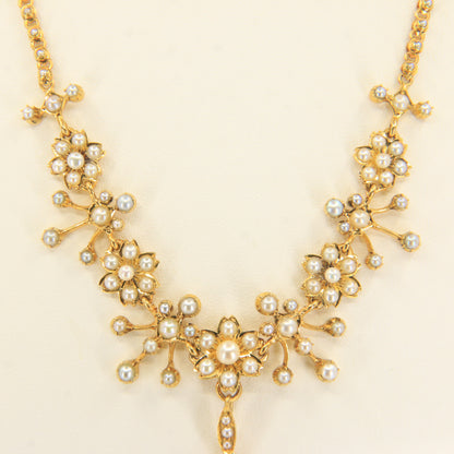 Antique 15ct Yellow Gold Seed Pearl Pendant Necklace With Earrings Jewellery Set