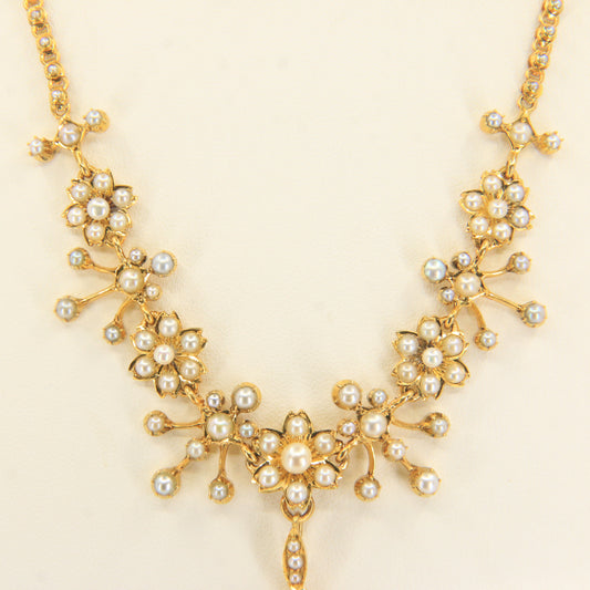 Antique 15ct Yellow Gold Seed Pearl Pendant Necklace With Earrings Jewellery Set