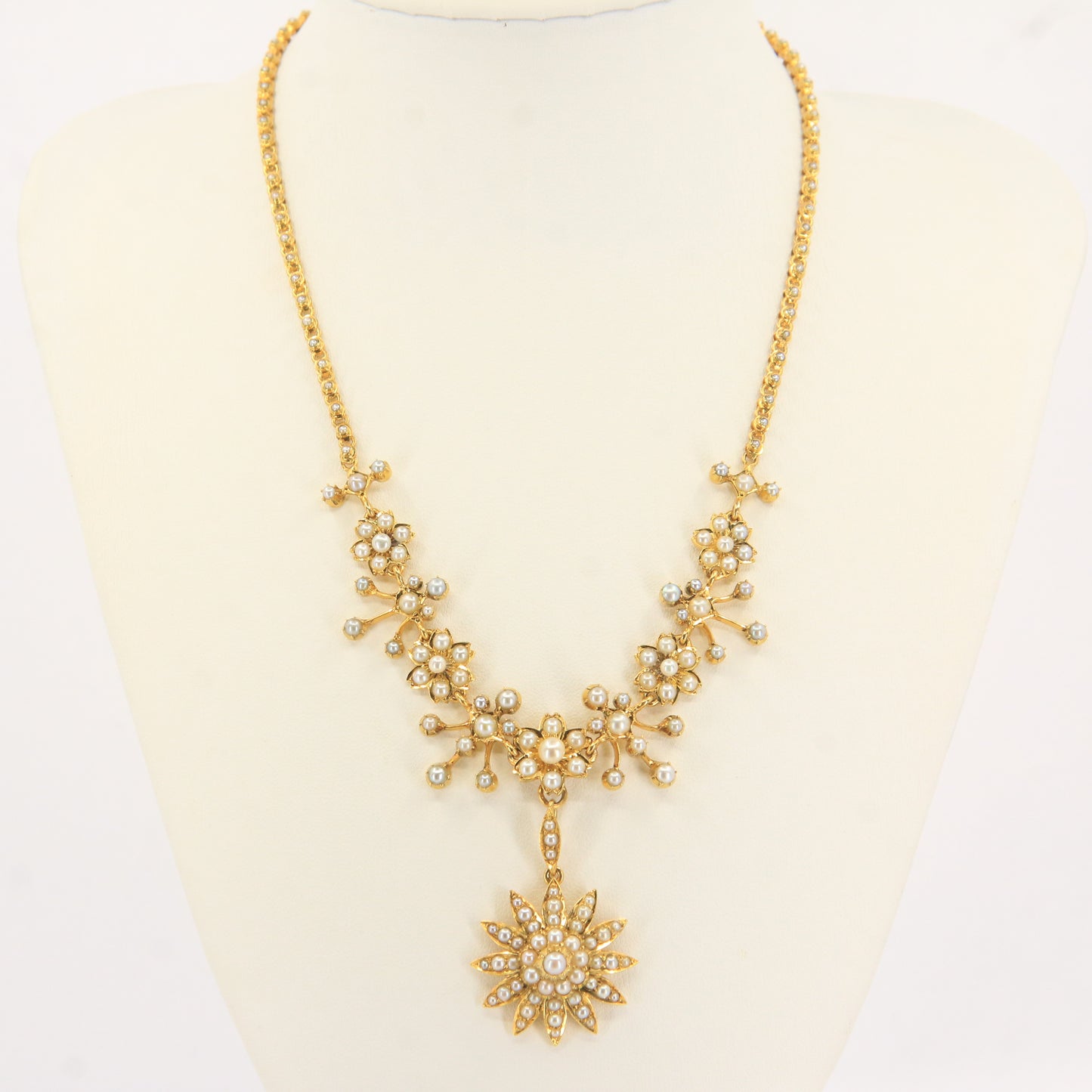 Antique 15ct Yellow Gold Seed Pearl Pendant Necklace With Earrings Jewellery Set