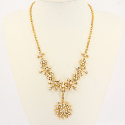 Antique 15ct Yellow Gold Seed Pearl Pendant Necklace With Earrings Jewellery Set