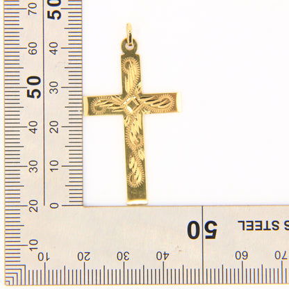 Vintage 9ct Gold Engraved Detailed Front Cross Pendant Hallmarked Yellow Gold