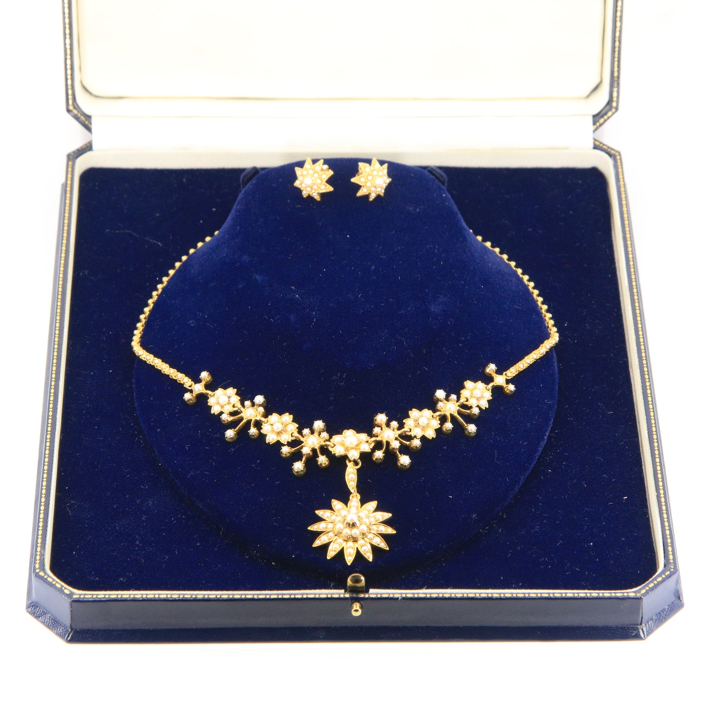 Antique 15ct Yellow Gold Seed Pearl Pendant Necklace With Earrings Jewellery Set