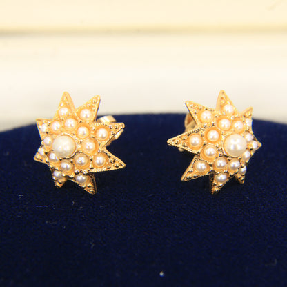 Antique 15ct Yellow Gold Seed Pearl Pendant Necklace With Earrings Jewellery Set