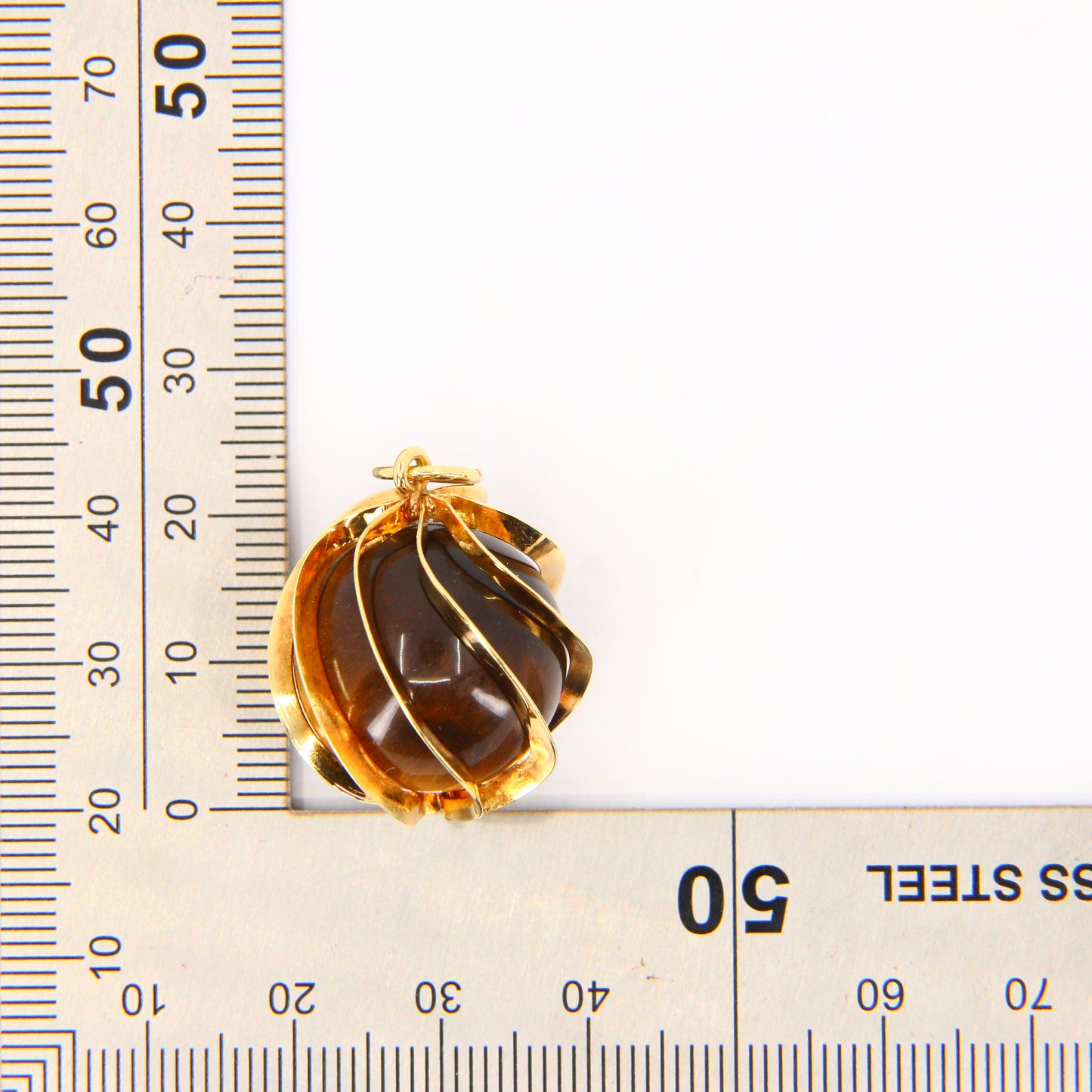 Vintage 14K Tigers Eye Modern Art Sphere Pendant  14 Carat Yellow Gold Charm