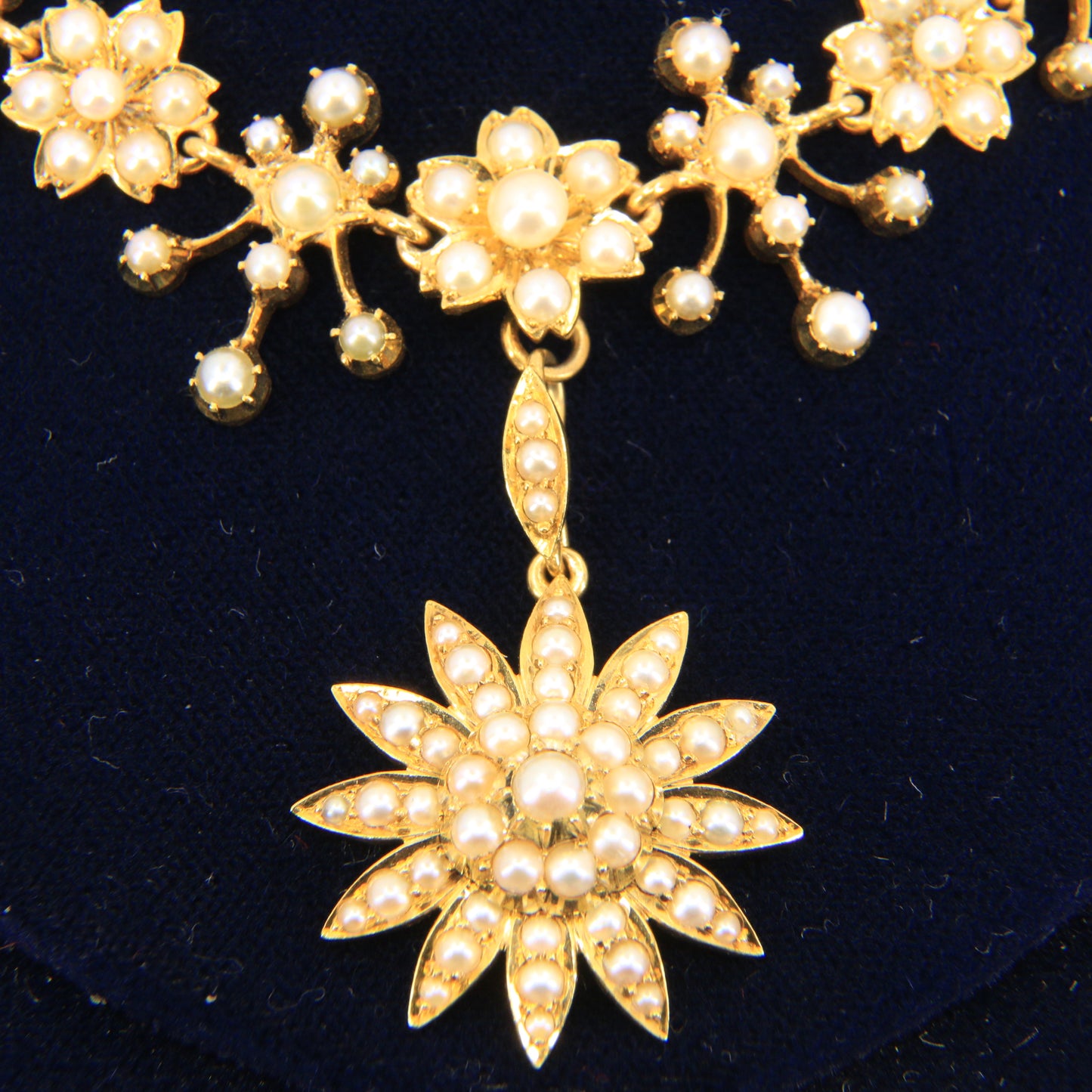 Antique 15ct Yellow Gold Seed Pearl Pendant Necklace With Earrings Jewellery Set