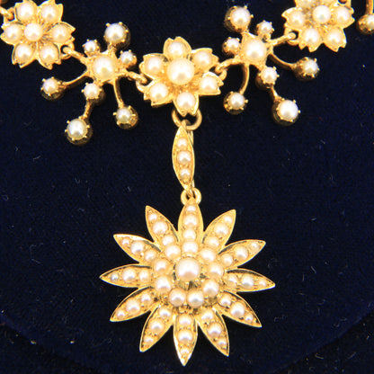 Antique 15ct Yellow Gold Seed Pearl Pendant Necklace With Earrings Jewellery Set