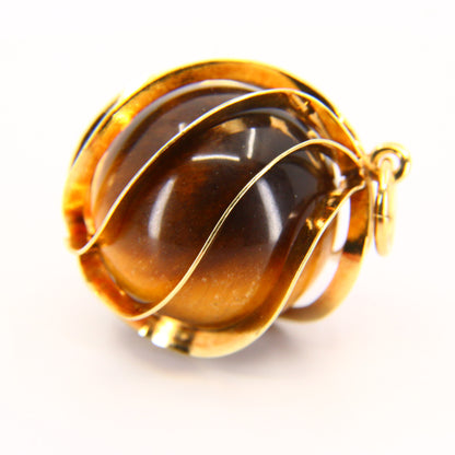 Vintage 14K Tigers Eye Modern Art Sphere Pendant  14 Carat Yellow Gold Charm