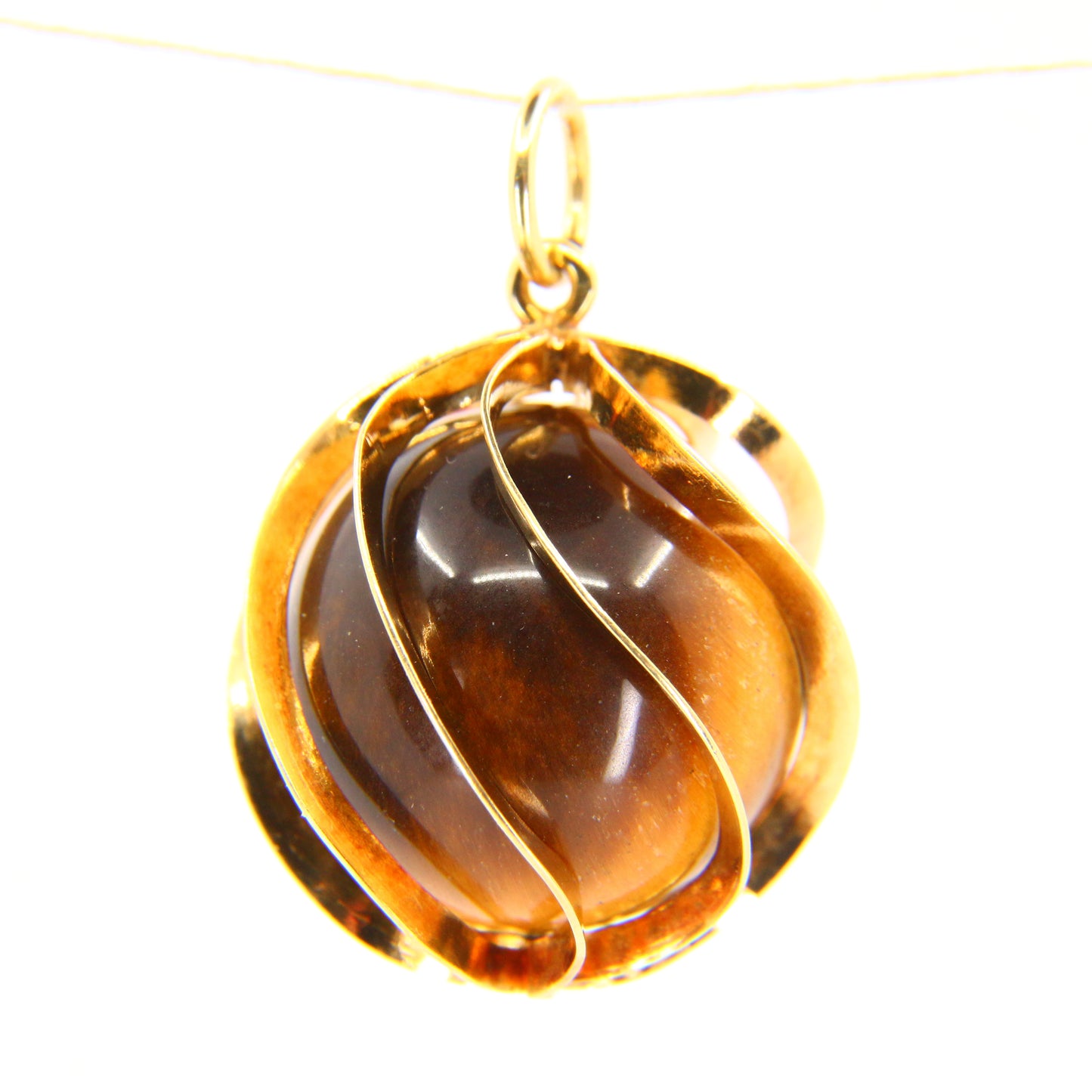 Vintage 14K Tigers Eye Modern Art Sphere Pendant  14 Carat Yellow Gold Charm