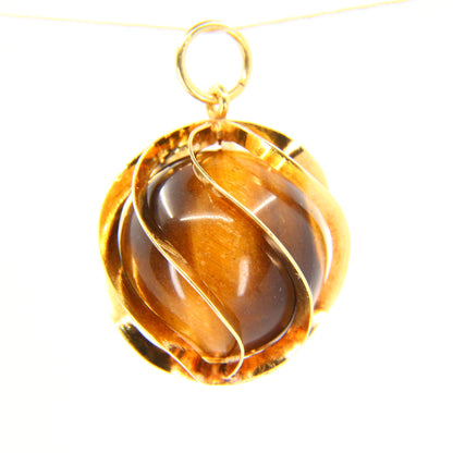 Vintage 14K Tigers Eye Modern Art Sphere Pendant  14 Carat Yellow Gold Charm