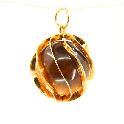 Vintage 14K Tigers Eye Modern Art Sphere Pendant  14 Carat Yellow Gold Charm