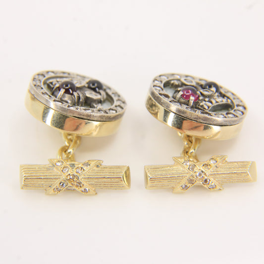 Antique Russian 14ct Gold Platinum Ruby Diamond Crown Cufflinks Boxed Gift