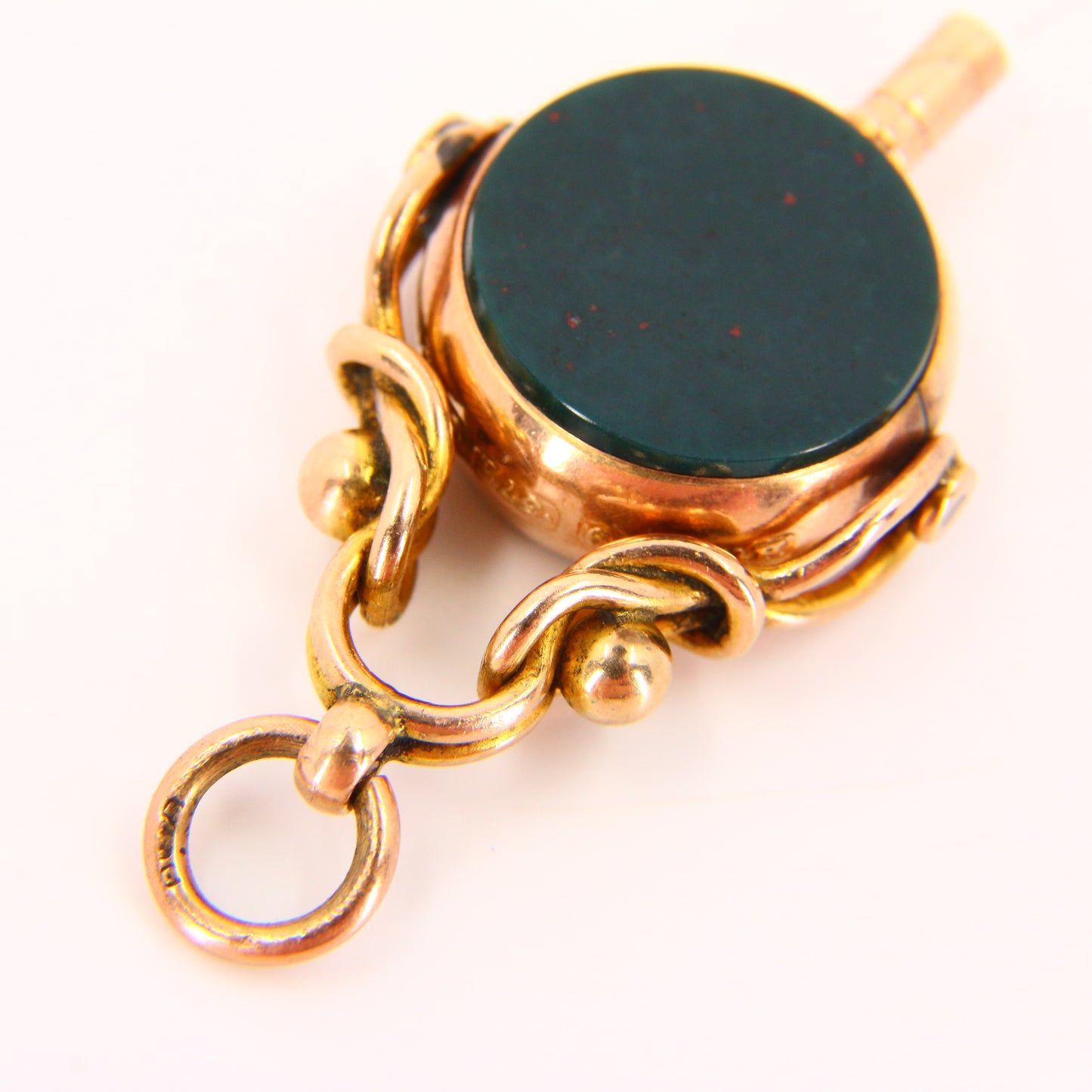 Antique 9ct Swivel Key Fob Charm Hallmarked Rose Gold Bloodstone Carnelian Stone Pendant