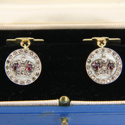 Antique Russian 14ct Gold Platinum Ruby Diamond Crown Cufflinks Boxed Gift