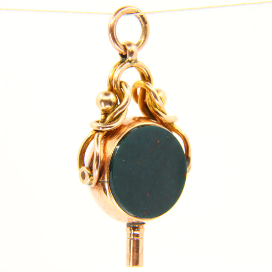 Antique 9ct Swivel Key Fob Charm Hallmarked Rose Gold Bloodstone Carnelian Stone Pendant