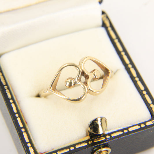 Vintage 9ct Hallmarked Gold Ola Gorie Double Heart Ring UK Size M Boxed Gift